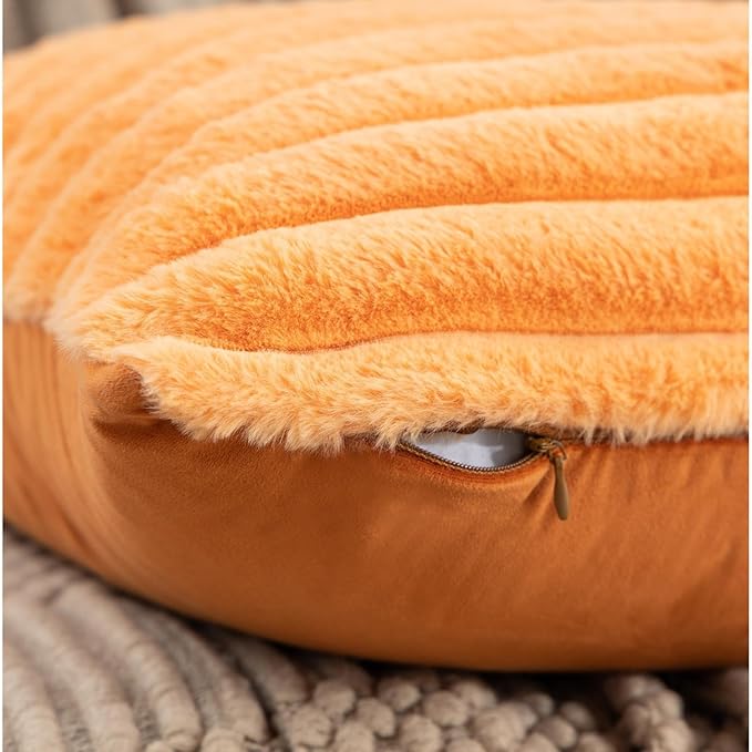 ZLINA Set of 2 Orange Faux Fur Decorative Throw Pillow Covers Fluffy Striped Pillowcase Cushion Covers 22 x 22 Inch Decor Sofa Couch Bedroom