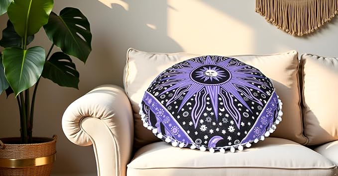 CRAFT KALA Large Round Bohemian Floor Pillow Pouf Cover Mandala Meditation Room Pillow Cover for Adults Boho Seating Poufs Cushion Cover for Kids Playroom 32" Round Purple Burning Sun