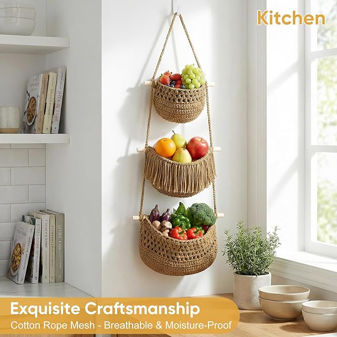 Boho Style Handwoven Rope Hanging Basket - 3-Tier Detachable Storage Organizer for Kitchen/Bathroom/Entryway, 3 Included Heavy-Duty Hooks, 7 Color Options Available (Gold)