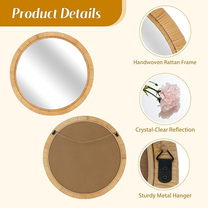 Rattan Wall Mirror - 20" Boho Round Bathroom Mirror Decorative Farmhouse Circle Mirror for Vanity Entryway Living Room Wall Decor