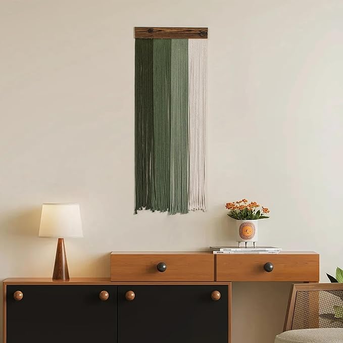 HVEST Green Macrame Wall Hanging Boho Wall Decor Green and Beige Yarn Wall Art for Living Room Bedroom Office Nursery Apartment Yoga Room Decor, 38.5L X 15.7W inches