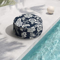 Indoor/Outdoor Inflatable Ottoman with Handle, Decorative Fade-Resistant Round Footstool D21 x H9 inch, Portable Ottoman Pouf for Patio Garden Camping, Elegant Vines Navy