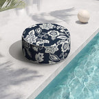 Indoor/Outdoor Inflatable Ottoman with Handle, Decorative Fade-Resistant Round Footstool D21 x H9 inch, Portable Ottoman Pouf for Patio Garden Camping, Elegant Vines Navy