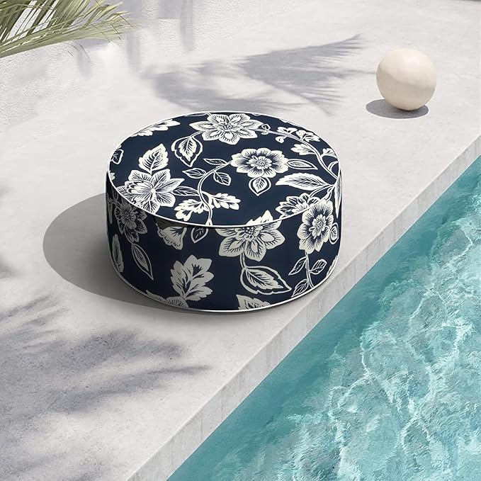 Indoor/Outdoor Inflatable Ottoman with Handle, Decorative Fade-Resistant Round Footstool D21 x H9 inch, Portable Ottoman Pouf for Patio Garden Camping, Elegant Vines Navy