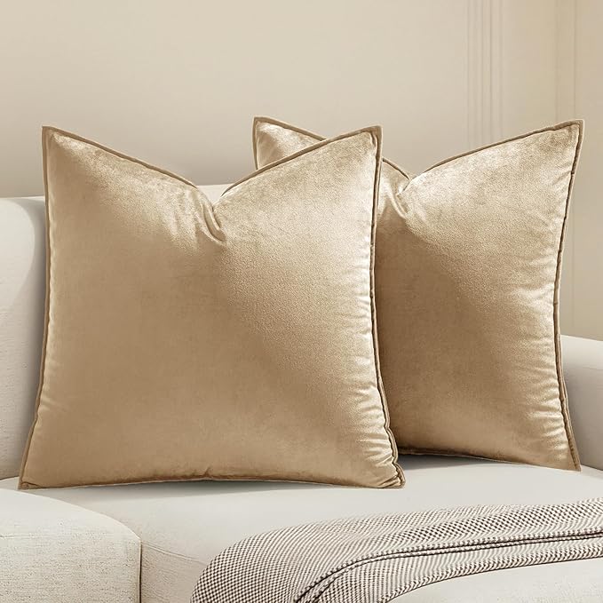 MIULEE Beige Velvet Throw Pillow Covers 18x18 Soft Decorative Solid Square Cushion Cases Pack of 2 Modern Luxury Home Decor for Couch, Sofa, Bedroom