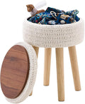 Wimarsbon Pouf Ottoman, 100% Cotton Knitted Boho Footstool, Round Footrest with Non-Skid Wood Legs, Home Décor Handmade Pouffe, Leisure Floor Step Stool for Living Room (High Storage Beige)