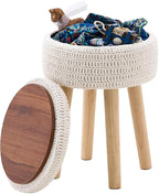 Wimarsbon Pouf Ottoman, 100% Cotton Knitted Boho Footstool, Round Footrest with Non-Skid Wood Legs, Home Décor Handmade Pouffe, Leisure Floor Step Stool for Living Room (High Storage Beige)
