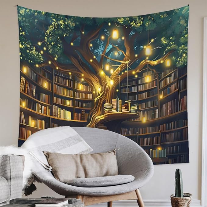 Jhdstore Tree of life Tapestry Wall Hanging Fantasy Library Tapestry for Bedroom Mysterious Tree Bookshelf Tapestries Room Decor 36"x48"