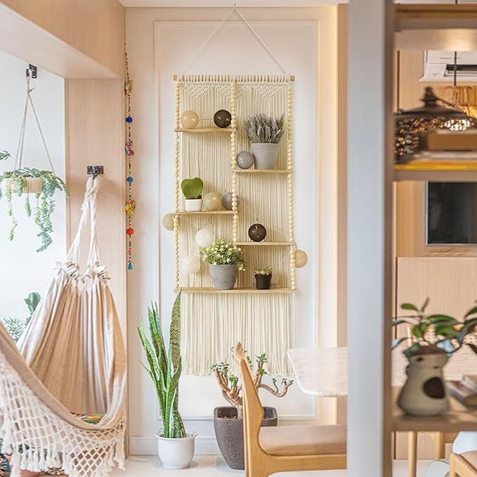 Macrame Wall Hanging Shelf Boho Wall Decor Home 2 Tier Hanger Shelves Braided with Tassels Shelves Organizer for Kitchen, Bedroom, Home Storage, Floating Plant Shelf (Wood)