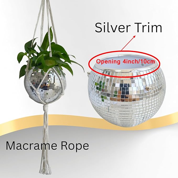 Disco Ball Hanging Plant Pots, Boho Silver Mirror Disco Planter with Chain Hook and Macrame Rope for Indoor Outdoor Decor and Wooden Stand for Desk,Self Watering Insert Pots