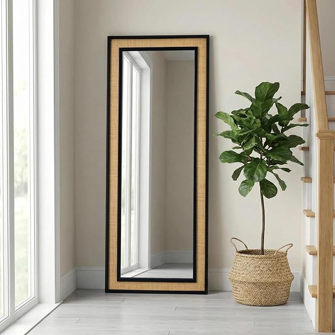 Rattan Full Length Mirror,24"x60" Long Rattan Wall Mirror,Wooden Mirror with Wicker Frame,Decorative Full Body Mirror Hanging,Farmhouse Rectangle Floor Mirror for Bathroom Living Dressing Room Black