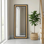 Rattan Full Length Mirror,24"x60" Long Rattan Wall Mirror,Wooden Mirror with Wicker Frame,Decorative Full Body Mirror Hanging,Farmhouse Rectangle Floor Mirror for Bathroom Living Dressing Room Black