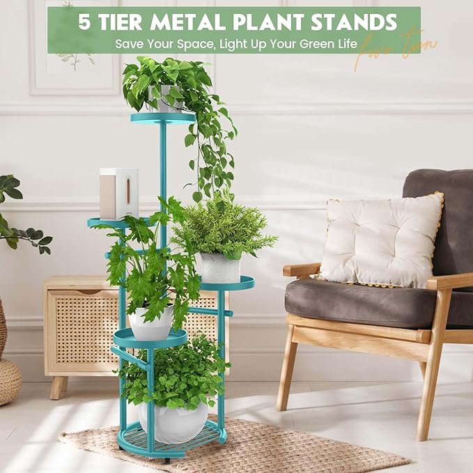 TOSKING 5-Tier Metal Plant Stand, Anti-Tip Round Base for Pots, Child & Pet Friendly, Space Saving Corner Shelf Flower Pot for Indoor Outdoor Use, Living Room Balcony Garden Patio Bedroom (Blue, 38in)