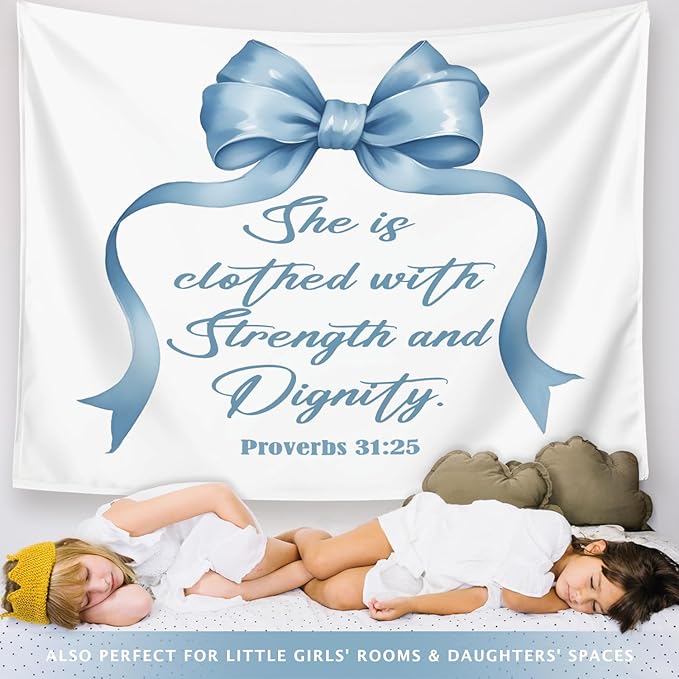 LIANGW Light Blue Bible Verse Christian Wall Tapestry – Proverbs 31 Bible Blue Bow Aesthetic for Girls Bedroom or Dorm Room,Faith-Based Blue Room Decor Aesthetic, 50x60 Inch