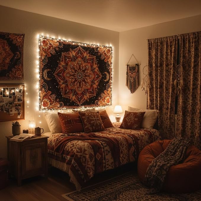 Accnicc Mandala Floral Tapestry Wall Hanging Boho Orange Red Tapestry Aesthetic Hippie Vintage Bohemian Flower Celestial Indian Cute Small Tapestries for Bedroom Living Room Dorm Decor 48 x 36 Inch