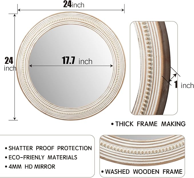 24 inches Wood Round Decorative Mirrors for Wall Decor, Rustic Circle Mirror for Bedroom, Bathroom, Living Room, Entryway Boho Mirror for Home and Office