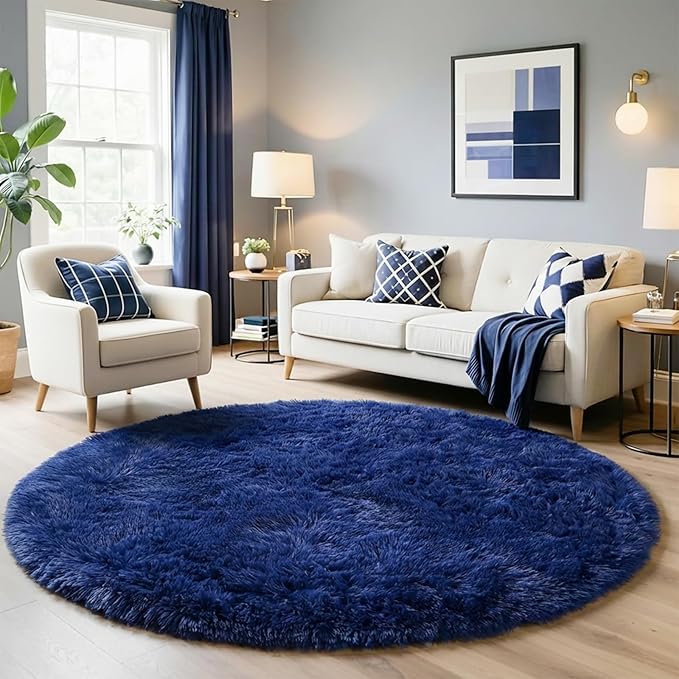 Navy Blue Round Rug 6Ft for Boys Bedroom, Large Fluffy Fuzzy Circle Area Rugs for Kids Playroom, Living Room Decor Aesthetic, Cute Shaggy Plush Floor Royal Dark Blue Carpet for Dorm Teen Baby Nursery