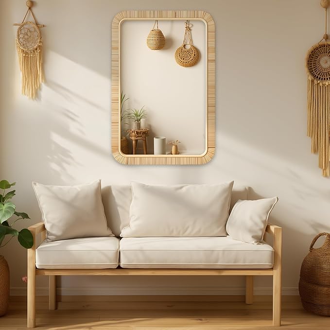 Rattan Bathroom Mirror Wall Mounted Bathroom Mirror for Rustic Farmhouse Style Wicker Rattan Frame,Boho Mirror for Bathroom Bedroom Entryway Living Room Decor