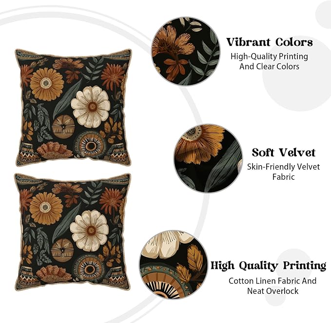 KSLIDS Boho Flower Soft Velvet Throw Pillow Covers Set of 2 Modern Abstract Retro Bohemian Flower Decorative Pillow Covers 18x18 Inch Mid Century Tropical Leaves Pillow Case for Sofa Couch Home Decor
