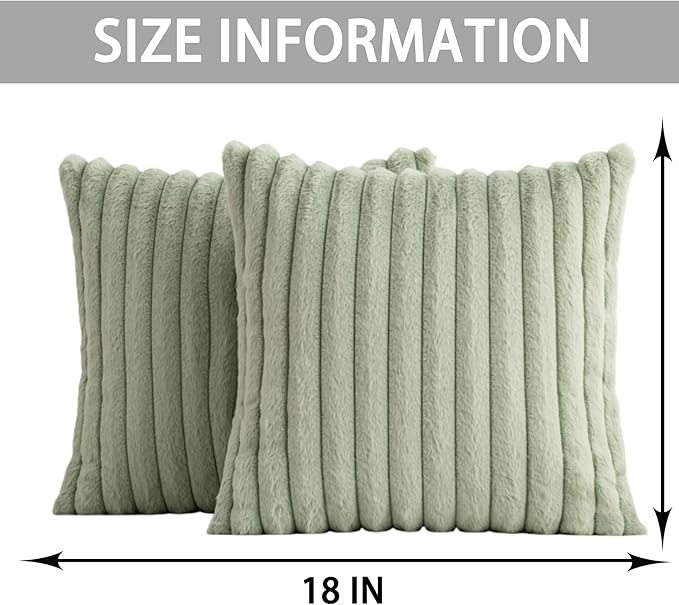 Pack of 2 Faux Fur Christmas Throw Pillow Covers 18x18 Inch, Soft Plush Striped Neutral Couch Pillow Cover, with Velvet Back Modern Home Decor for Sofa Living Room Couch Bed Sage Green
