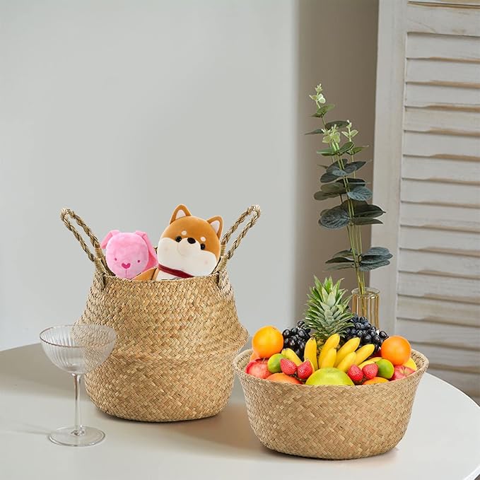 Yesland 2 Pack Woven Seagrass Plant Basket with Handles, Ideal Wicker Baskets Storage Plant Pot Baskets for Laundry, Picnic, Plant Pot Cover, Beach Bag and Grocery Basket (L)