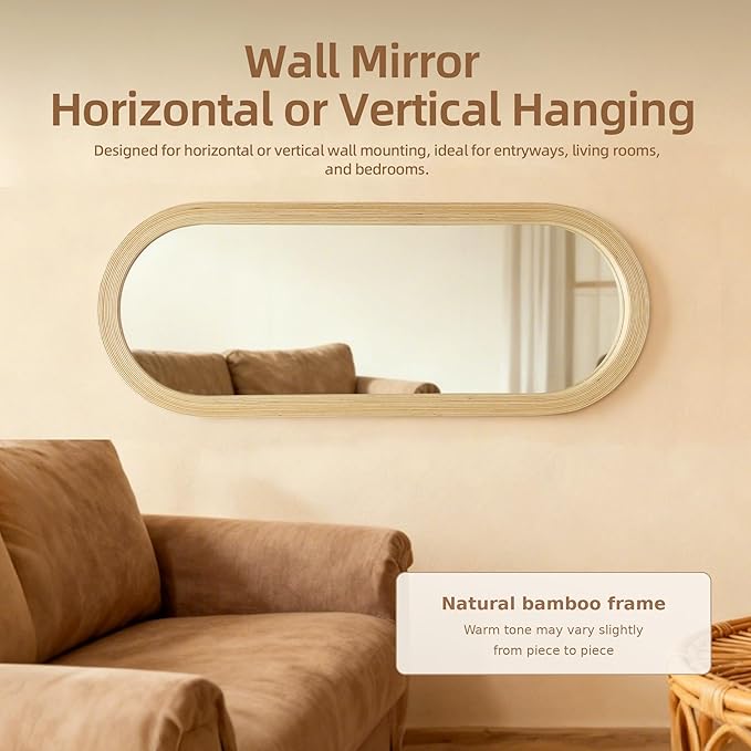 20" x 52" Oval Full Length Wall Mounted Mirror, Handwoven Natural Bamboo Frame (Warm Tone), Boho Coastal Mirror for Entryway, Bedroom, Dressing Room, Vertical & Horizontal Hanging