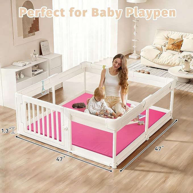 Waterproof Baby Play Mat for Floor Memory Foam 47 * 47 Cushion Playpen Playmat Tummy Time Nursery Rug Thick Pad Create Soft & Safe Area for Infants,Toddler,Kids,Hot Pink