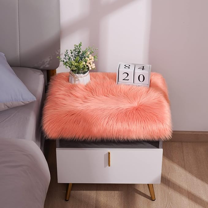 Softlife Square Faux Fur Sheepskin Chair Cover Seat Cushion Pad Super Soft Area Rugs for Living Bedroom Sofa (1.6ft x 1.6ft, Coral) 1 pack