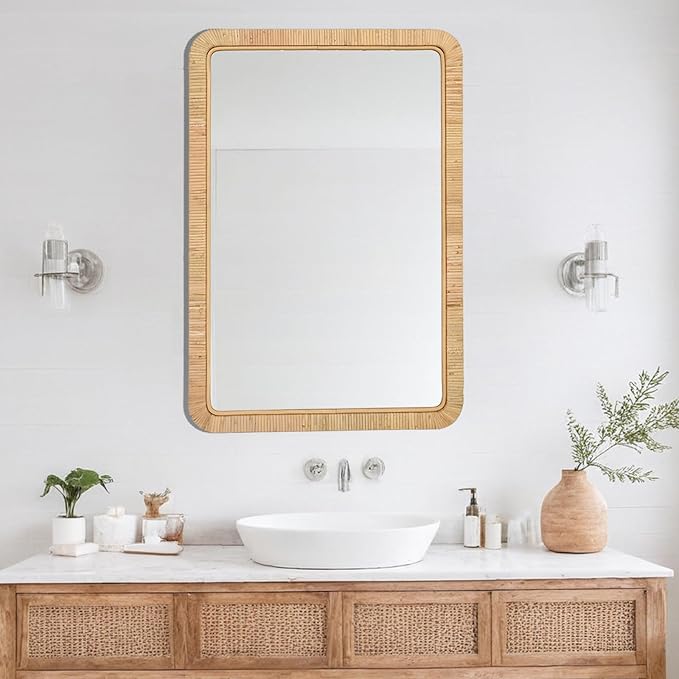 FUIN 24"x36" Rattan Wall Mirror, Natural Wicker Rectangle Bathroom Vanity Mirror, Hanging Boho Decorative Mirror for Farmhouse, Entryway, Bedroom, Living Room, Horizontal Vertical Mount