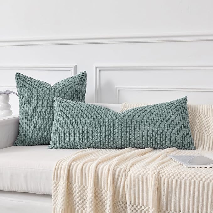 Kevin Textile 14x36 Inch Long Lumbar 1 Pack Boho Decorative Throw Pillow Cover Soft Striped Corduroy Rectangle Cushion Case Farmhouse Solid Color Accent for Living Room Couch Sofa Bed, Teal Green