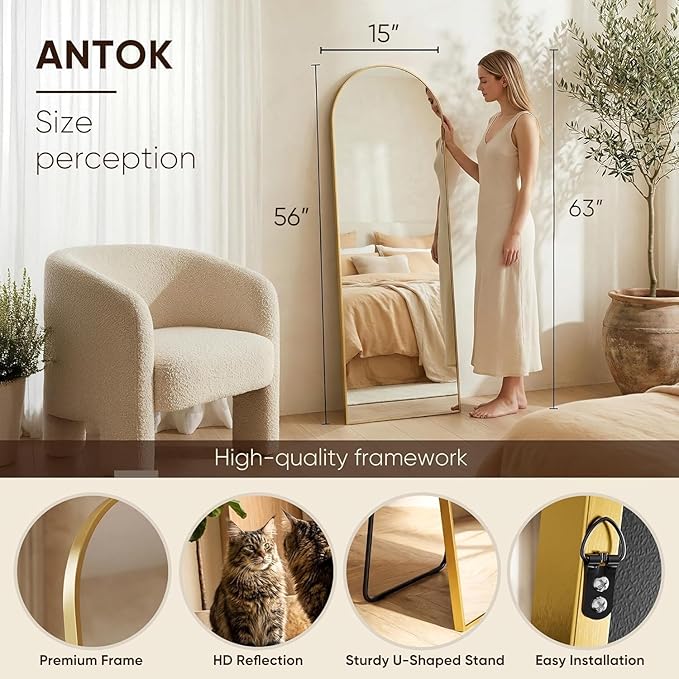 Antok 56" x15” Arched Full Length Floor Mirror, Gold Aluminum Frame, Free Standing/Wall Mount/Leaning for Bedroom, Living Room, Dressing Room