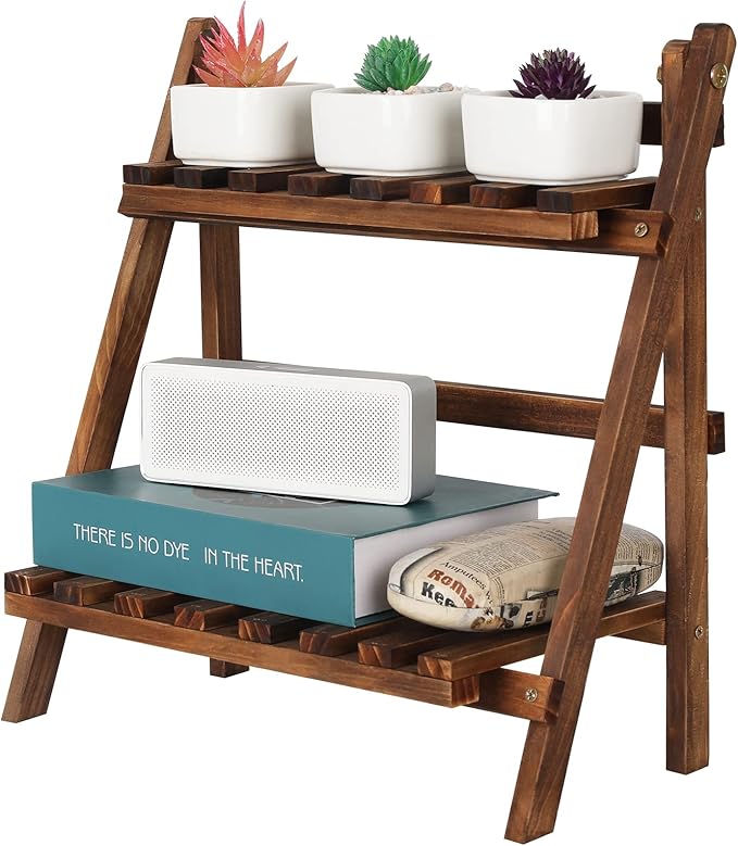 2 Tier Tabletop Plant Stand Step Style Desktop Storage Organizer Wood Display Shelf Decorative Storage Rack, Foldable Small Plant Shelf