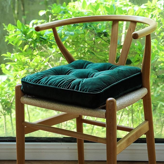 vctops Soft Velvet Chair Pads with Ties Comfy Solid Seat Cushion for Dining Chairs, Office Chairs, Hardwood Floors (Mo Green, 16"x16")
