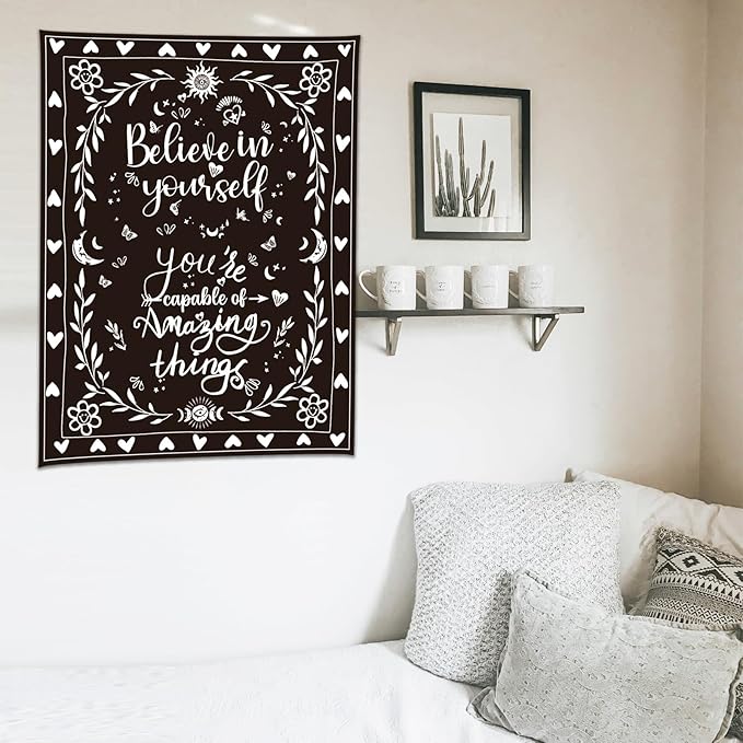 KJHL Motivational Black and White Classroom Tapestry 48" x 36" Vertical Boho Room Decor Positive Affirmations Inspirational Quote Aesthetic Tapestries Wall Hanging for Bedroom Dorm