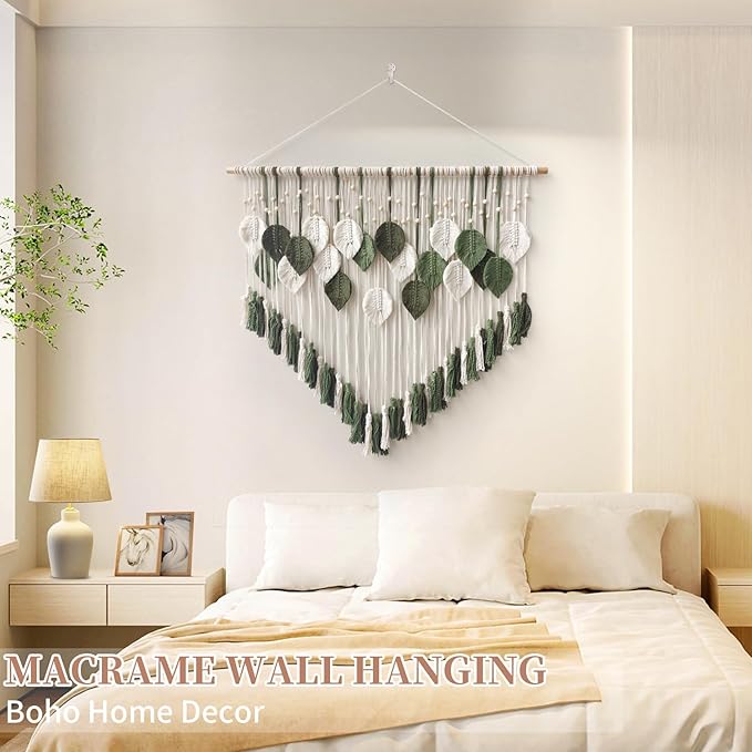 lokeisna Macrame Wall Hanging, Woven Tapestry Beige & Dusty Rose Handmade Craft Macrame Wall Decor, Gallery & Nursery, White Green