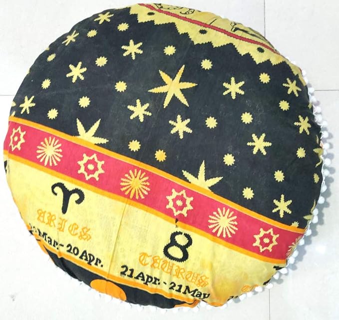 CRAFT KALA Mandala Floor Pillow Cushion Cover Seating Throw Cover Hippie Decorative Bohemian Ottoman Poufs Pom Pom Pillow Cases Indian Cotton Living Room Home Décor 24" Round Set of 2, Yellow Zodiac
