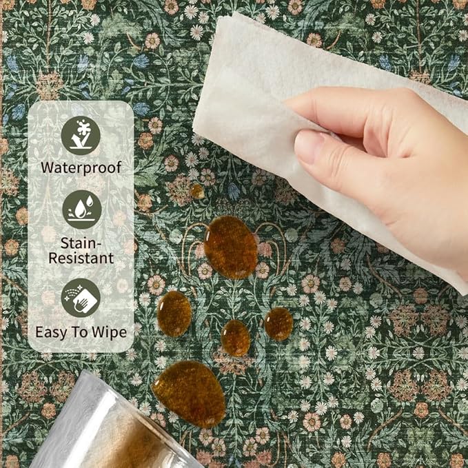 6x9 Area Rugs for Living Room Bedroom, Large Washable Rug, Green Vintage Floral Boho Rug, Non Slip & Low Pile Faux Wool Thin Carpet for Indoor Dining Room and Kids Room(Green 6x9ft)