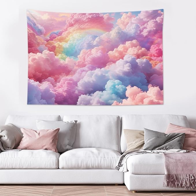 LB Aesthetic Cloud Tapestry Wall Hanging - Pastel Rainbow Sky Nature Wall Art 48"x36", Boho Pink Bedroom Decor for Dorm Living Room