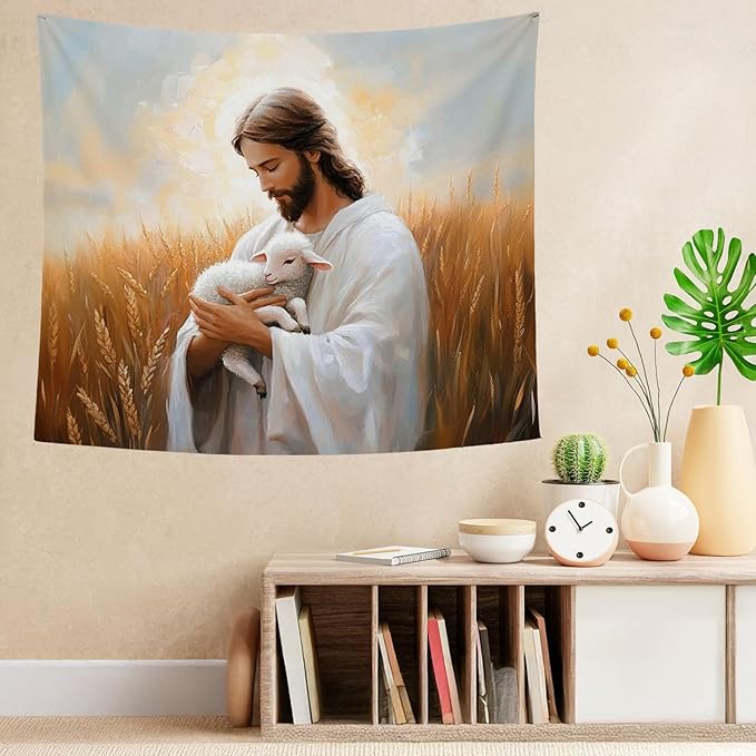 bitCNY Jesus Holding Lamb Tapestry 60x50 Inches – Christian Religious Wall Art, Good Shepherd Tapestry for Living Room Bedroom, Comforting Faith Decor