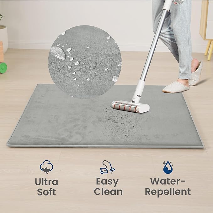 Baby Play Mat for Floor,Extra Large 59"×71" Playpen Mat for Tummy Time,Thicker Padded Elasti Foam Activity Mats,Water Repellent Ultra Soft Velvet,Non-Slip Backing Safe for Crawling(Light Grey)