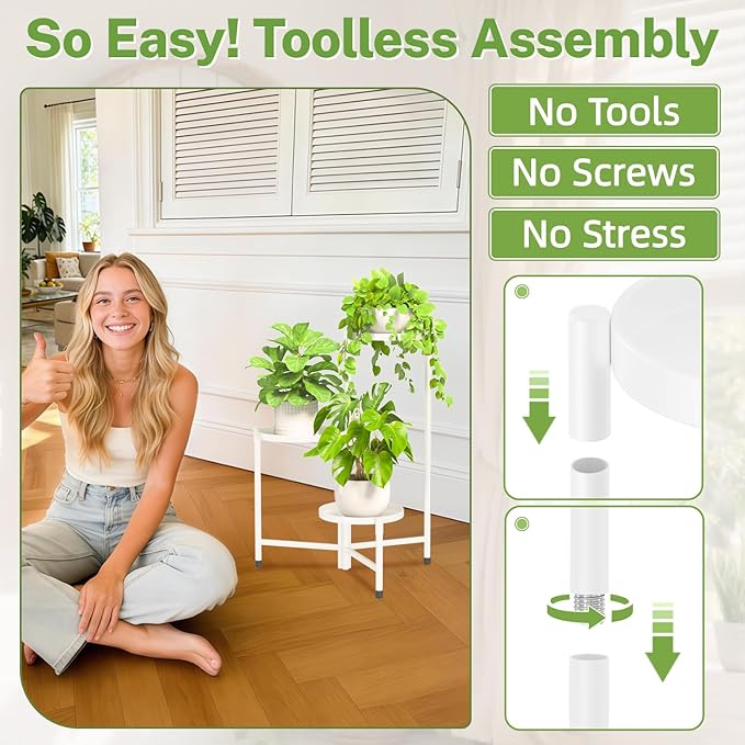 iDavosic.ly 3 Tier Large Plant Stand Indoor, 10 Inch Wide Tall Corner Metal Plant Stands Outdoor for Multiple Plants, Folding Tiered Flower Display Holder Rack Shelf, White