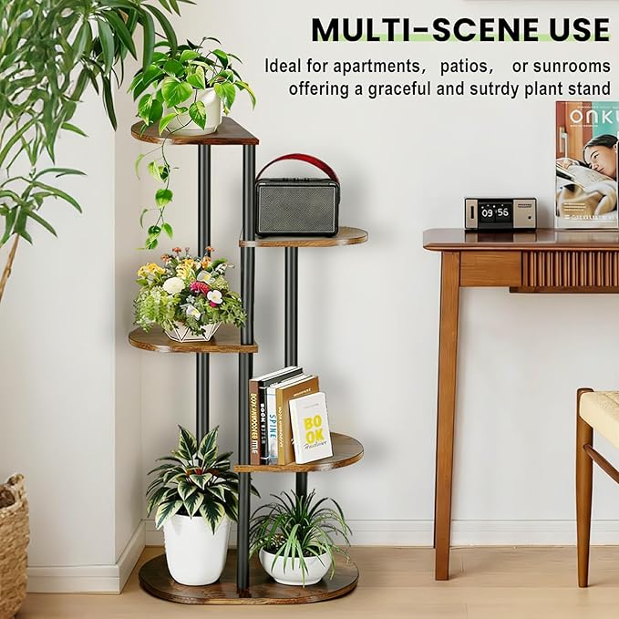 Tiered Plant Stand Indoor, Tall 5 Tier 6 Potted Wooden Plant Shelf for Multiple Flower Plants, Multi Corner Metal Plant Holder Indoor for Patio Garden Patent Design Living Room Balcony Bedroom, Rustic Brown