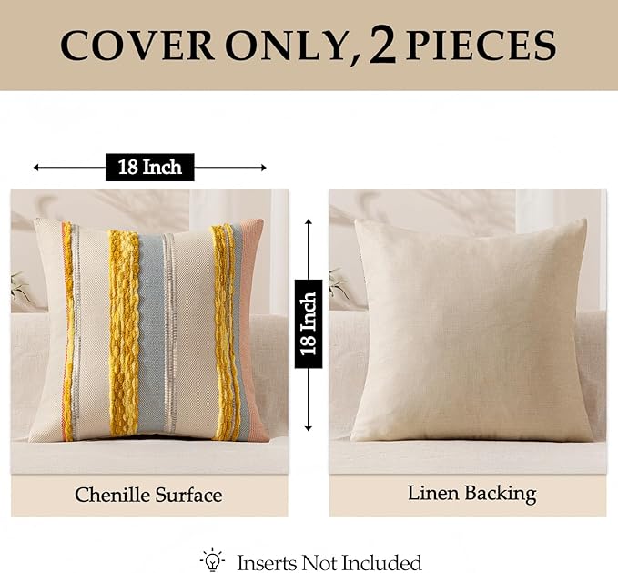 ANRODUO Pack of 2 Boho Decorative Throw Pillow Covers 18x18 Farmhouse Cushion Case Striped Chenille Pillow Cases Square Pillow Covers Accent Neutral Pillowcase for Sofa Couch Bed, Yellow Stripe