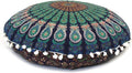 Round Mandala Floor Pillow Cover Seating Cushion Throw Cover Hippie Decorative Bohemian Ottoman Pouf Cover, Pom Pom Pillow Cases,Boho Indian 22 Inches (Blue)