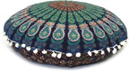 Round Mandala Floor Pillow Cover Seating Cushion Throw Cover Hippie Decorative Bohemian Ottoman Pouf Cover, Pom Pom Pillow Cases,Boho Indian 22 Inches (Blue)
