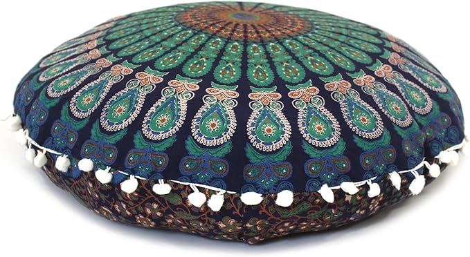 CRAFT KALA 22" Mandala Meditation Floor Pillows Cover Pouf Round Cover Seating Bohemian Mandala Cotton Floor Cushion Cover Outdoor Fireplace Seating Living Room Yoga Room Home Décor Blue Mirchi