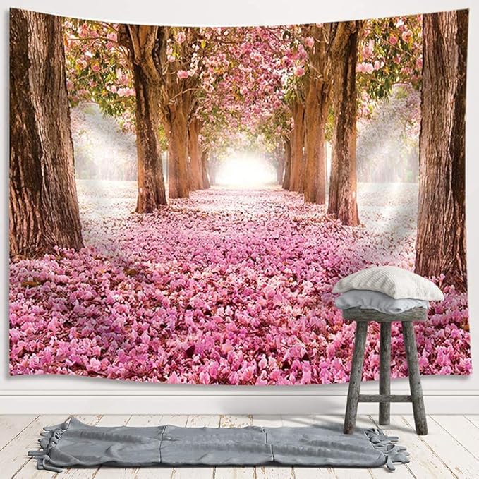 JAWO Pink Sakura Flower Tapestry Wall Hanging, Floral Cherry Blossom Tree in Spring Tapestries for Dorm Living Room Bedroom, Wall Blanket Beach Towels Home Decor 90X70 Inches