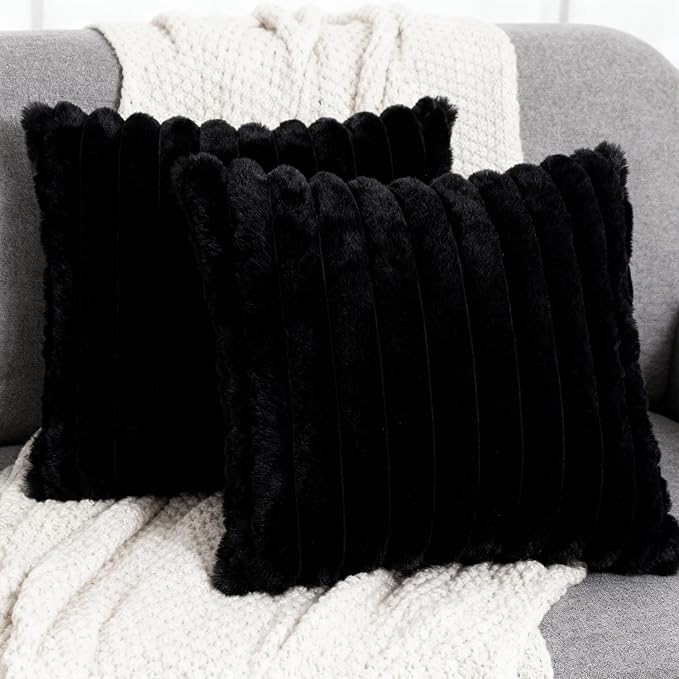 2 Pack 20x20 Double-Sided Faux Fur Pillow Covers, Plush Throw Pillow Covers for Living Room Decorations Throw Pillow Case, Throw Pillow Cover Cushion Cover for Home Sofa Car, Black