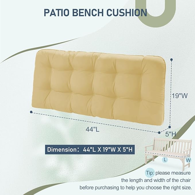 downluxe Outdoor Bench Cushion for Patio Furniture, Water Resistant Tufted Overstuffed Porch Swing Cushions, Thick Outdoor Loveseat Cushions, 44" X 19" X 5", Khaki, Set of 1