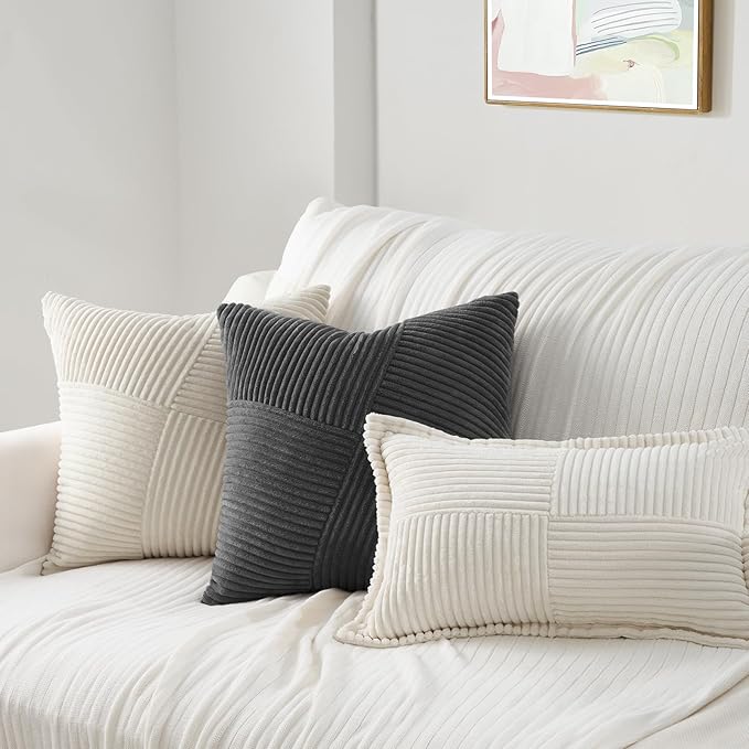 Topfinel Set of 2 Decorative Darkgrey Throw Pillow Covers 22x22 Inch Soft Corduroy Pillow Covers Boho Textured Striped Patchwork Cushion Cases for Couch Sofa Bed Cute Aesthetic Home Decor